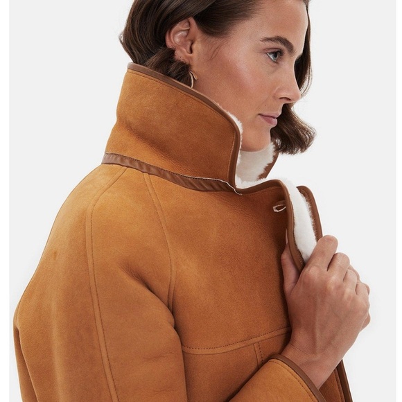 UK Washed Tan Shearling Sheepskin Jacket, Luxury Leather Women's Jacket - Picture 8 of 11